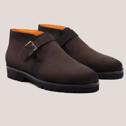 Biella Dark Brown Suede Monk Strap Ankle Boots