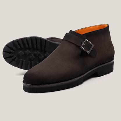 Biella Dark Brown Suede Monk Strap Ankle Boots