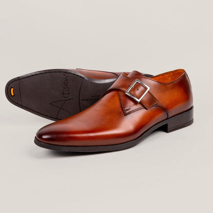 NY24 Cognac Brown Patina Leather Single Monk Shoes